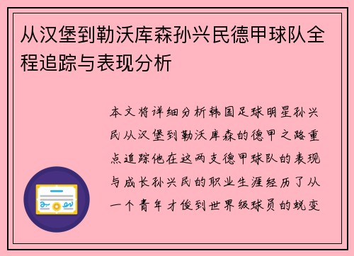 从汉堡到勒沃库森孙兴民德甲球队全程追踪与表现分析