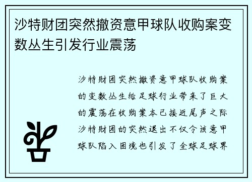 沙特财团突然撤资意甲球队收购案变数丛生引发行业震荡