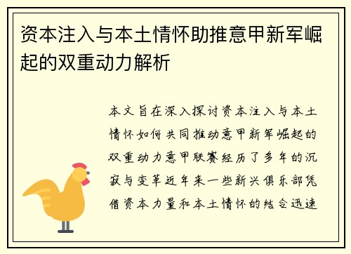 资本注入与本土情怀助推意甲新军崛起的双重动力解析